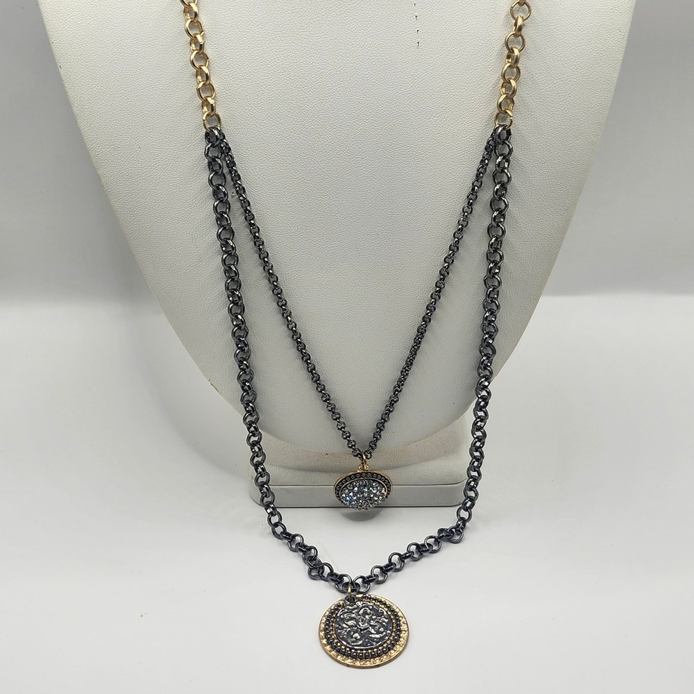 Mixed Metal Two Strand Layered‎ Necklace Gold Gunmetal Rhinestone Medallion